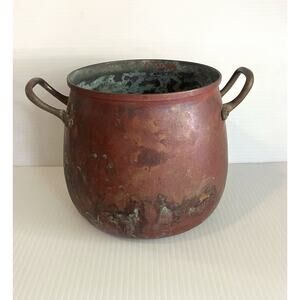 Vintage Copper Cauldron Double Brass Handle Pot Belly Primitive Tagus Kettle